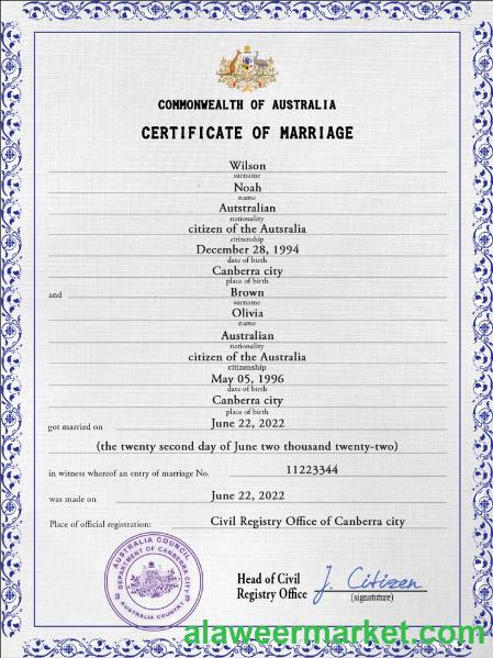 Australia marriage certificate PSD template